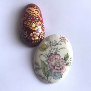 Vintage Pin Brooch Nesting Doll Oval Floral Pink Hand Painted Jewelry Colorful